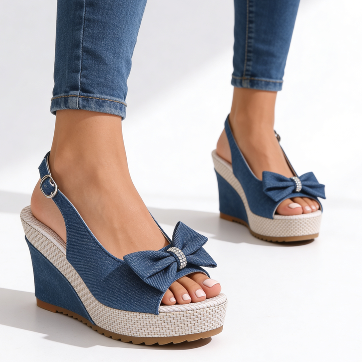 Estelle - Crystal Bow Wedge Sandals