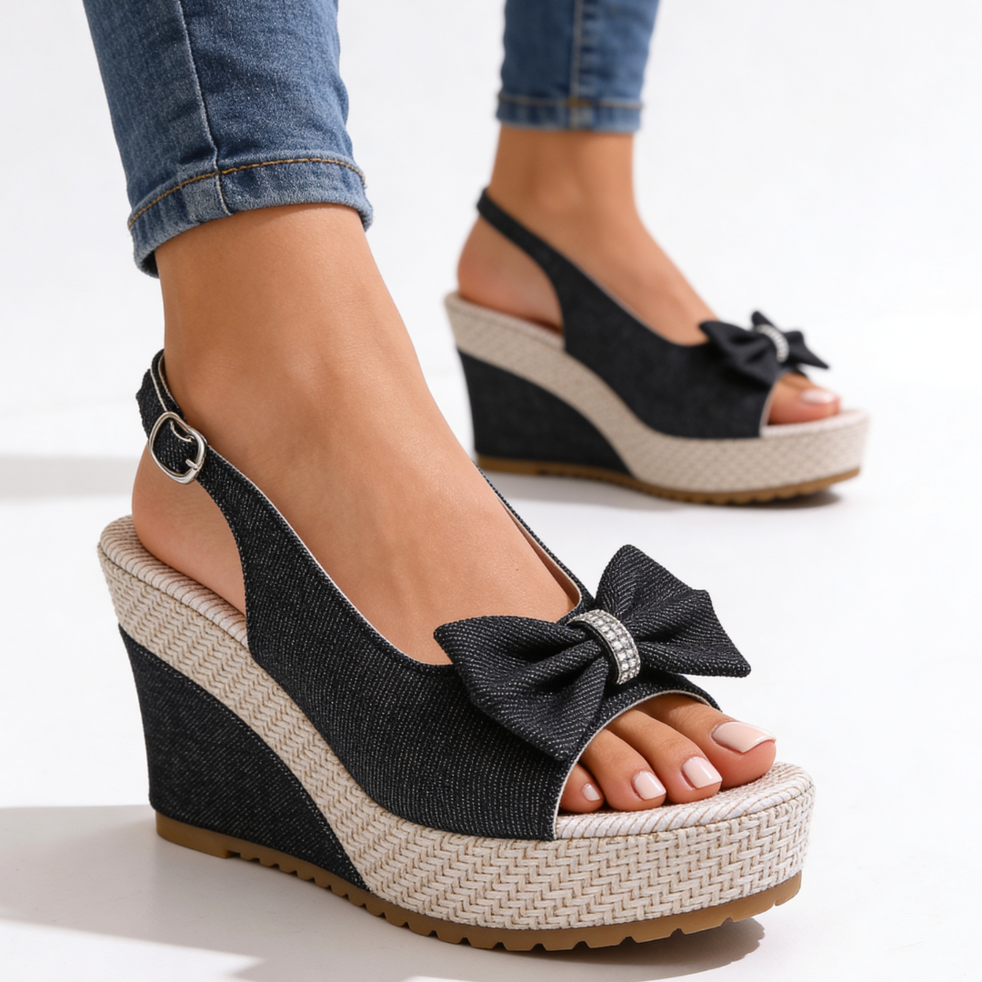 Estelle - Crystal Bow Wedge Sandals